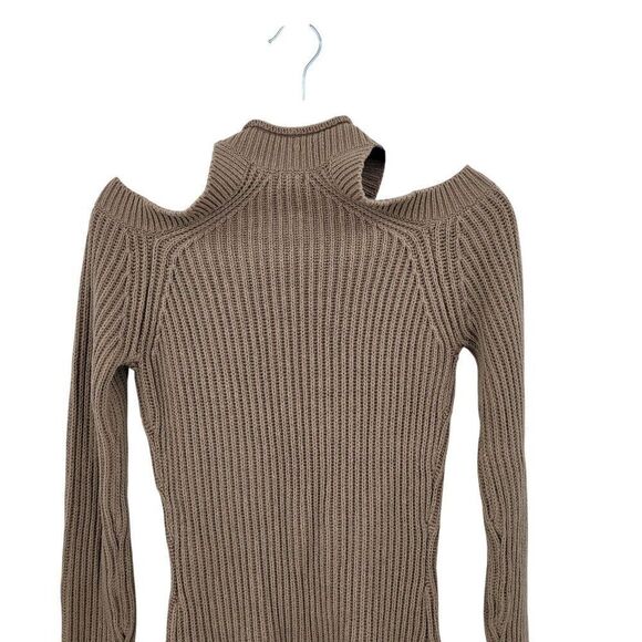 90s EAC Womens Cold Shoulder Ribbed Knit Sweater Sz S Cotton Blend Neutral Tan - Picture 10 of 12